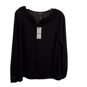 M Karen Brooks Black Woman Blouse V-Neck With Lace Long Sleeve 100% Polyester